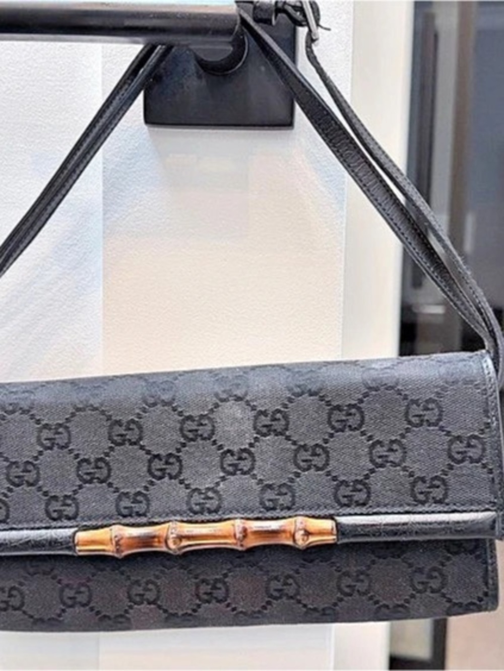 Gucci GG Canvas Bamboo Flap Shoulder Bag Black
